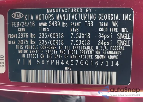 2016 Kia Sorento 3.3L Ex из США, поврежденный, VIN 5XYPH4A57GG167114